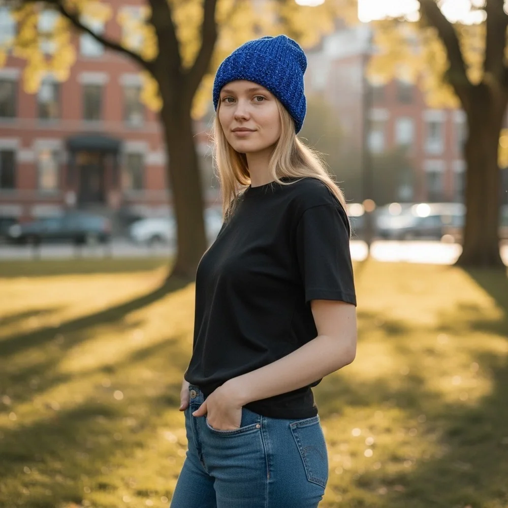 Blue Knit Beanie Hat